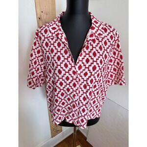 Shore & More Red White Geometric Linen Blend Button Front Medium NWOT Style